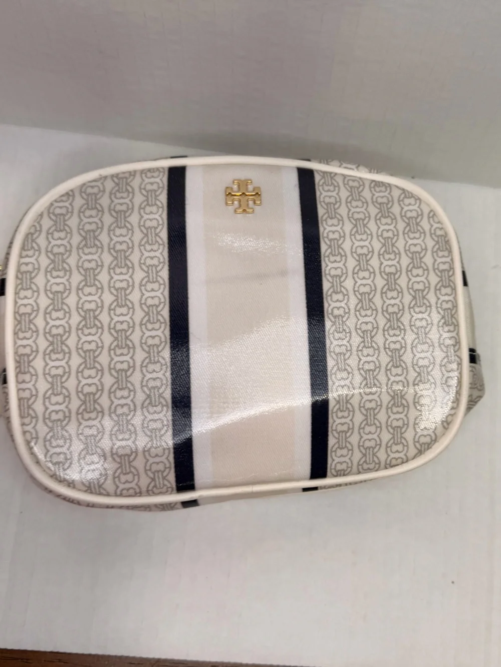 Blue Tory Burch Gemini Link Stripe Makeup Bag With vertical striped design